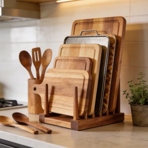 Oak Wood Cutting Board Organizer Stand